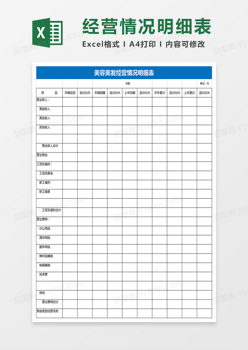 美容美发经营情况明细表Excel表格