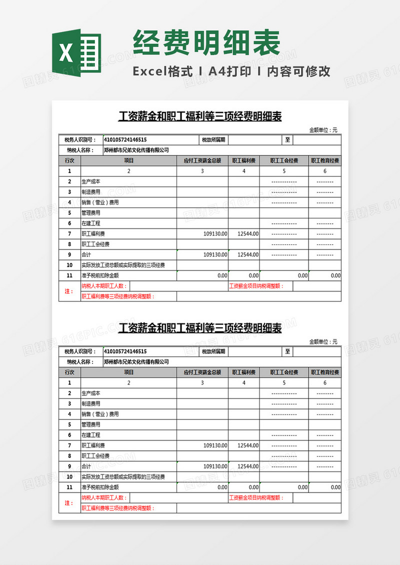 工资薪金和职工福利等三项经费明细表