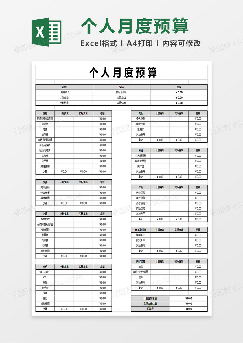 个人月度预算excel模版