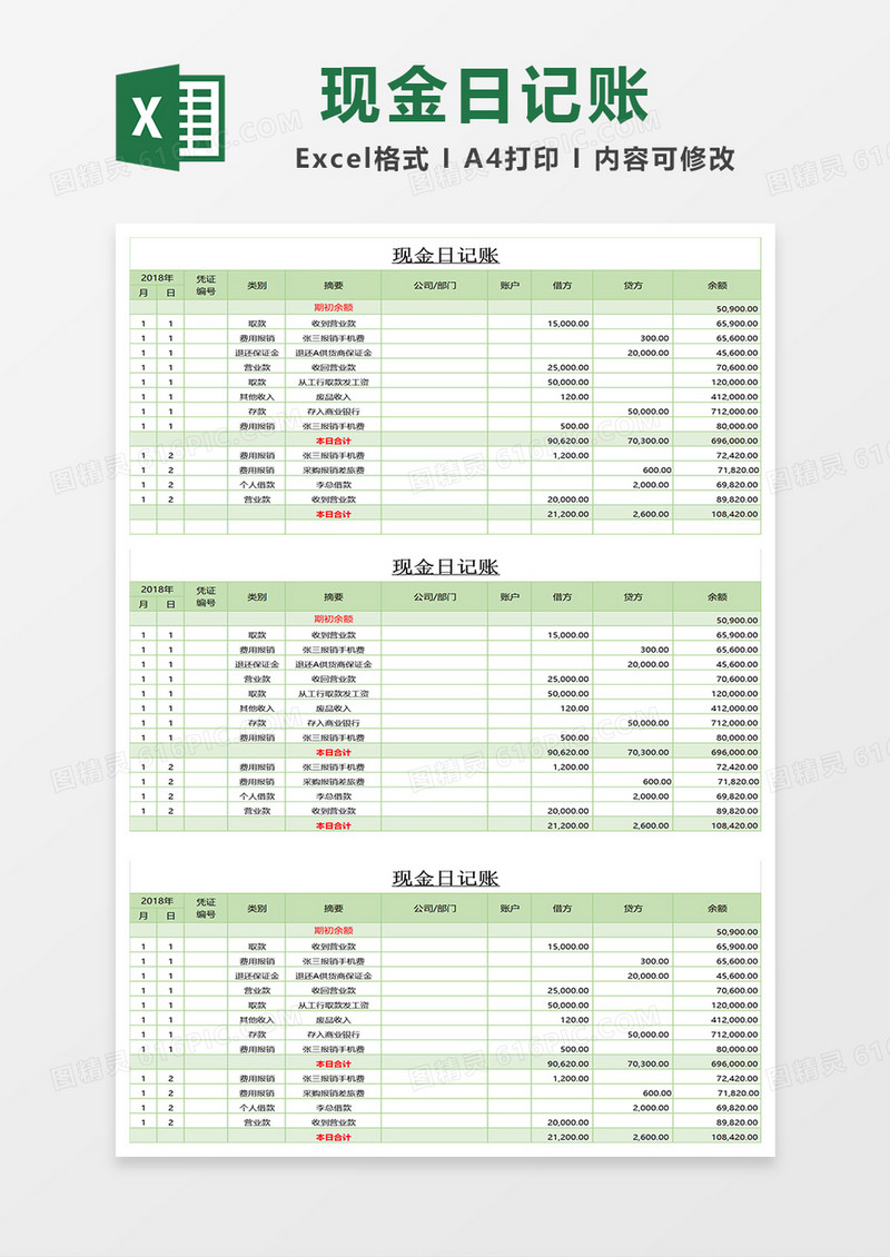 现金日记账EXCLE表格