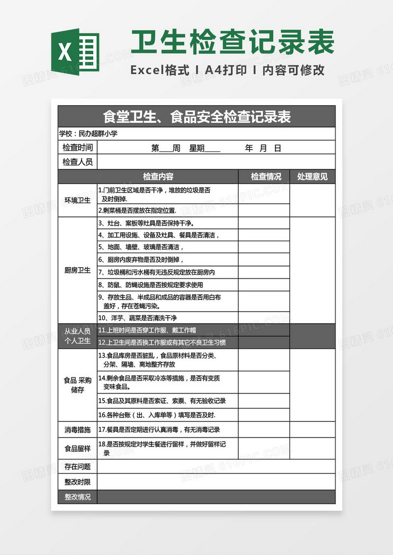学校食堂卫生检查记录表