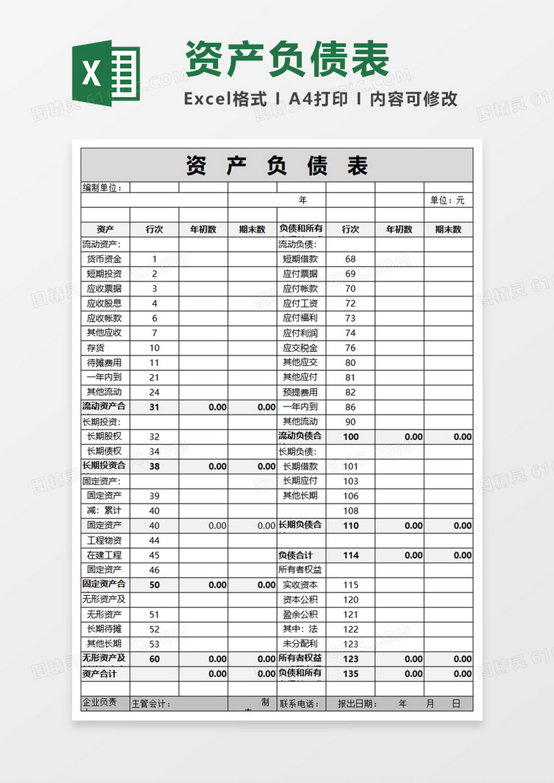 资产负债表excel表格模板