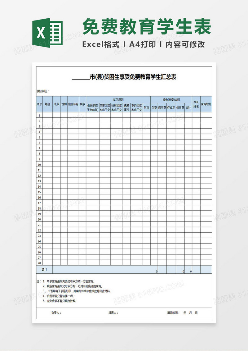 贫困生享受免费教育学生汇总表
