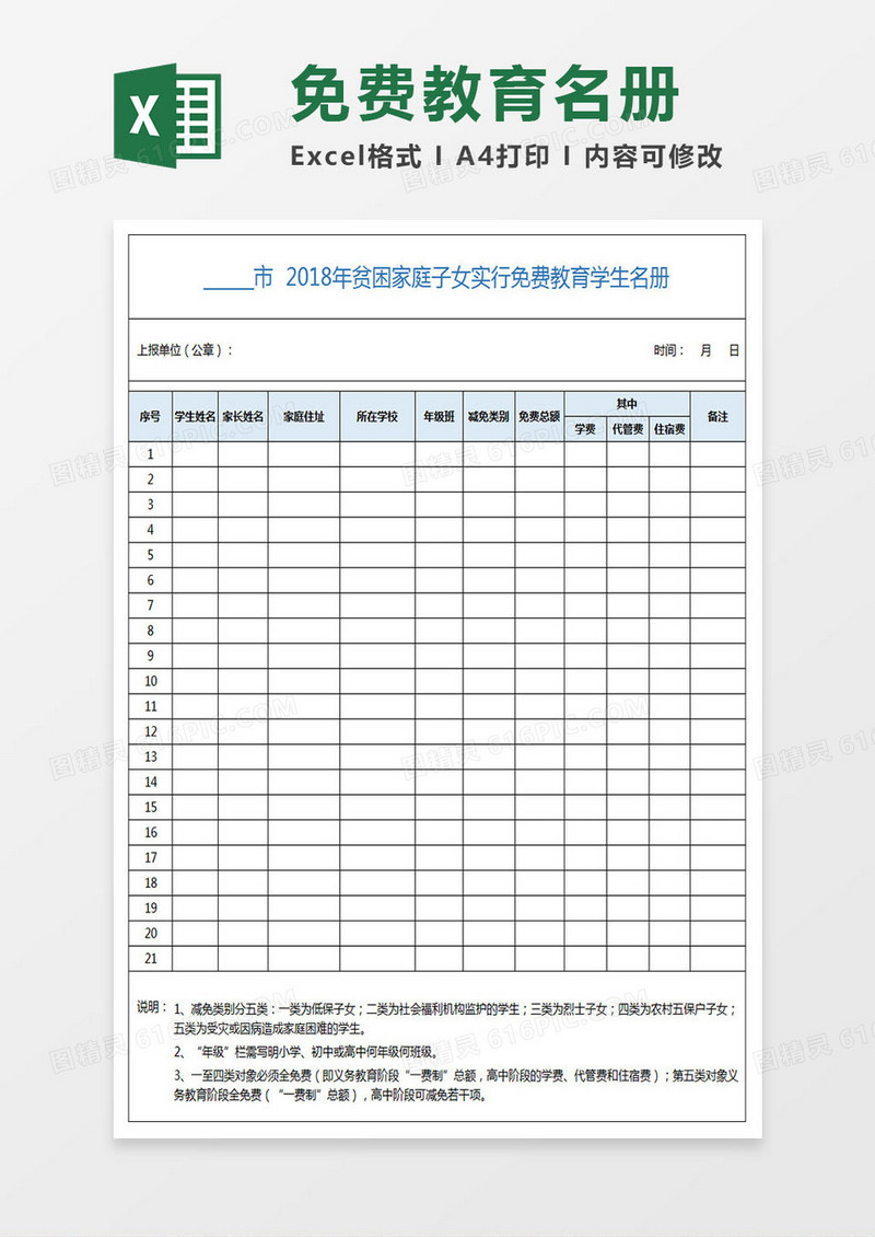 贫困家庭子女实行免费教育学生名册