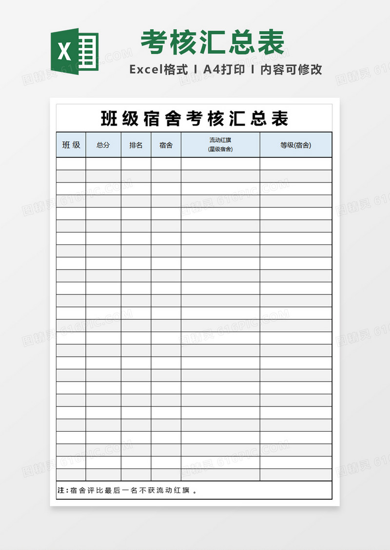 班级宿舍考核汇总表