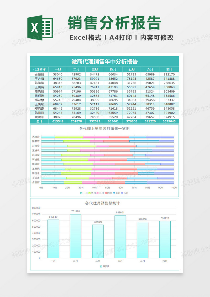 镜面微商代理销售年中分析表excel模板