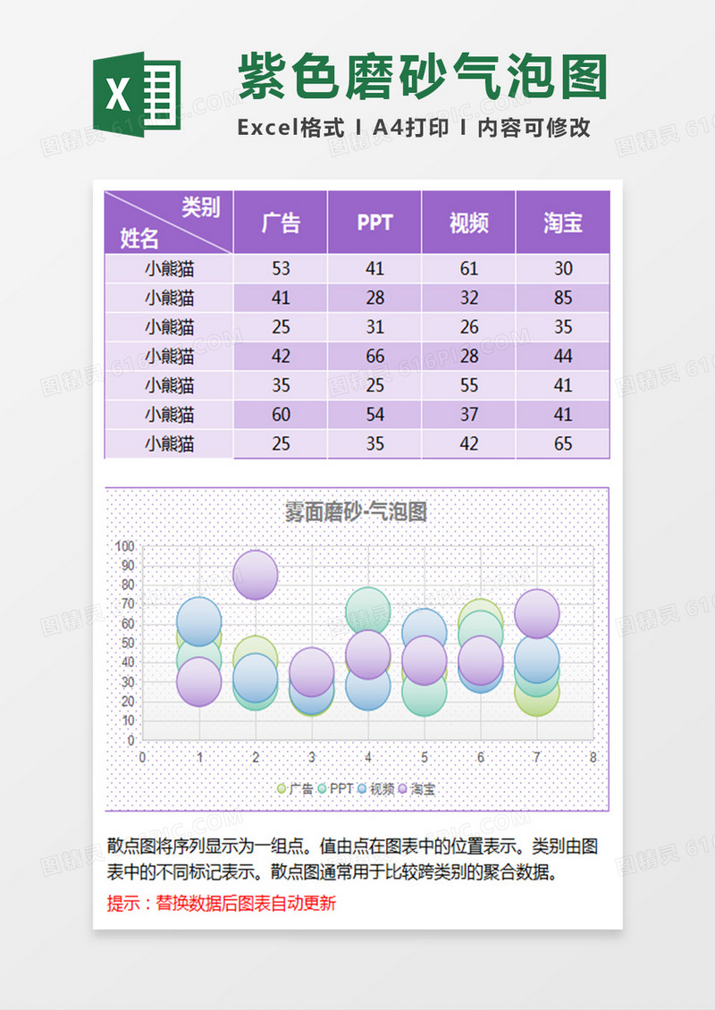 紫色雾面磨砂气泡图excel模板