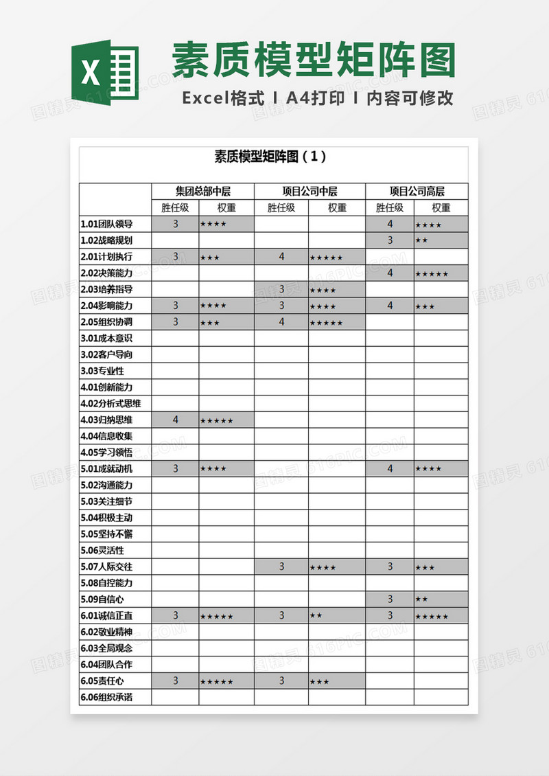 素质模型矩阵图excel模板