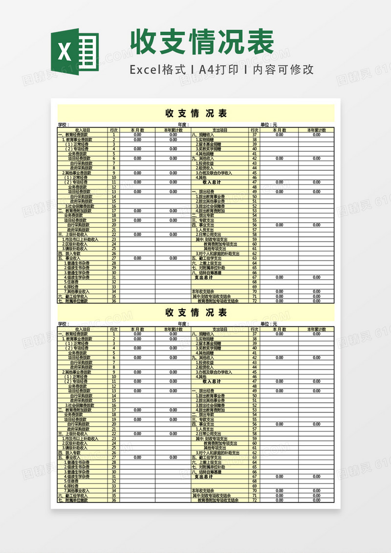 收支情况表格模板excel表格模板