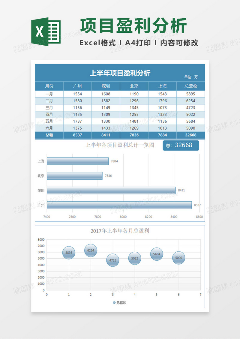 镜面反光项目盈利情况分析excel模板