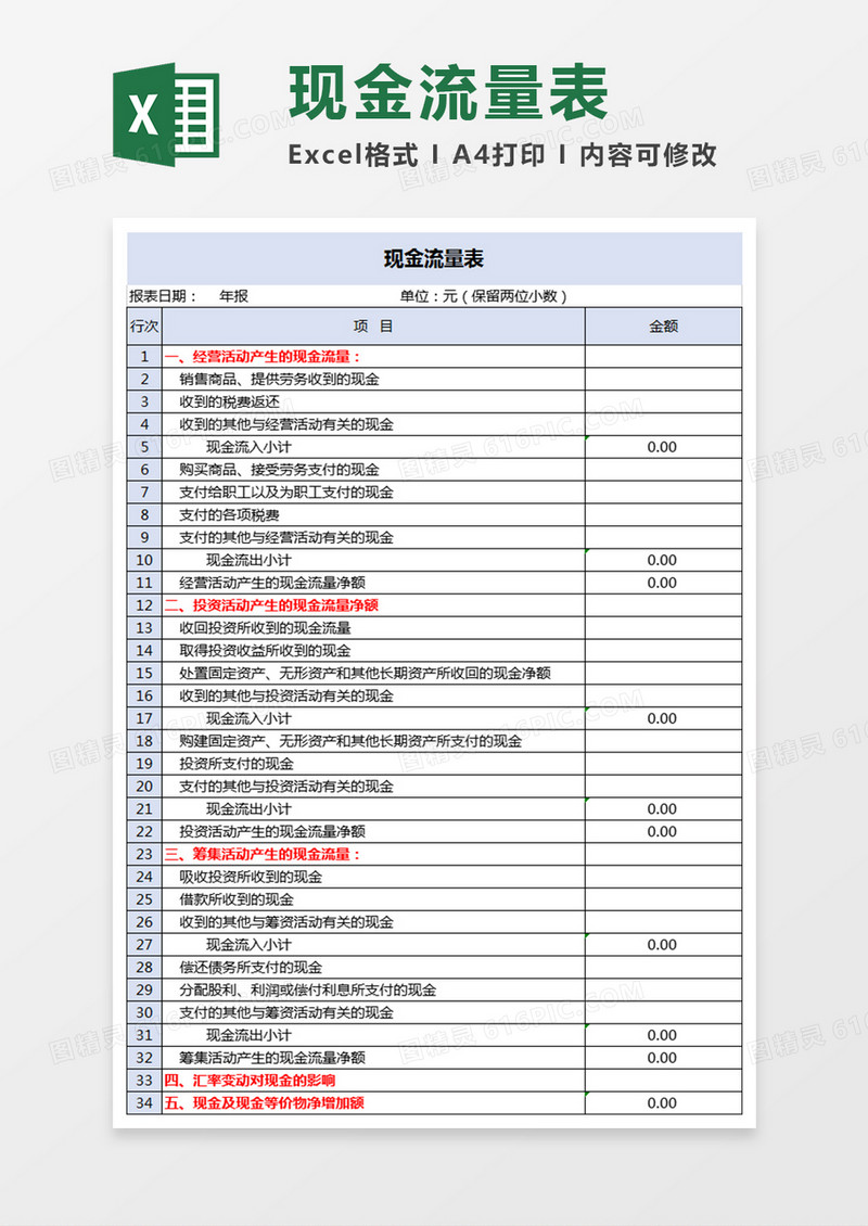 现金流量表Excel模板