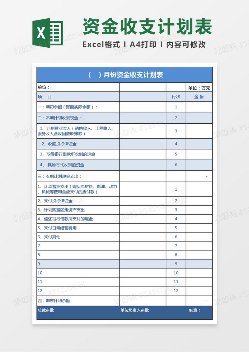 资金收支计划表格