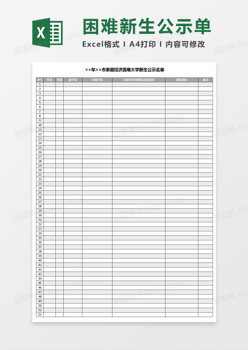 ××年××市家庭经济困难大学新生公示名单