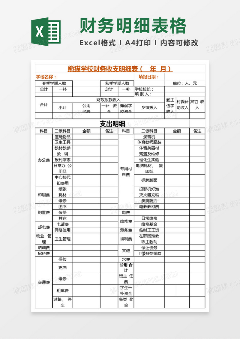 财务收支明细表格