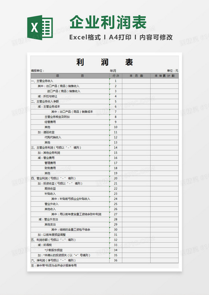 一般企业利润表模板Execl表格