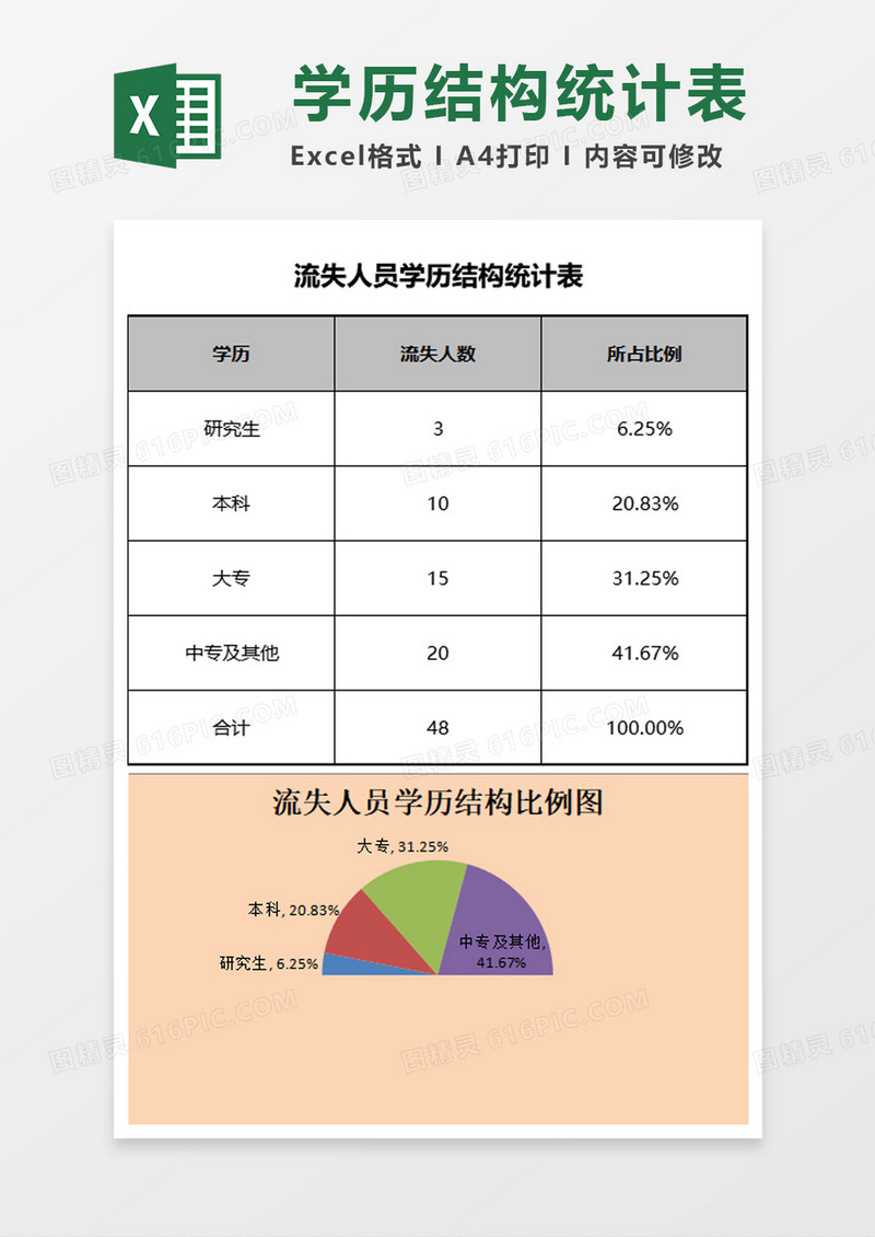 流失人员学历结构比例图excel模板