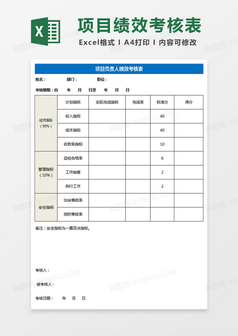项目负责人绩效考核表模板Excel表格