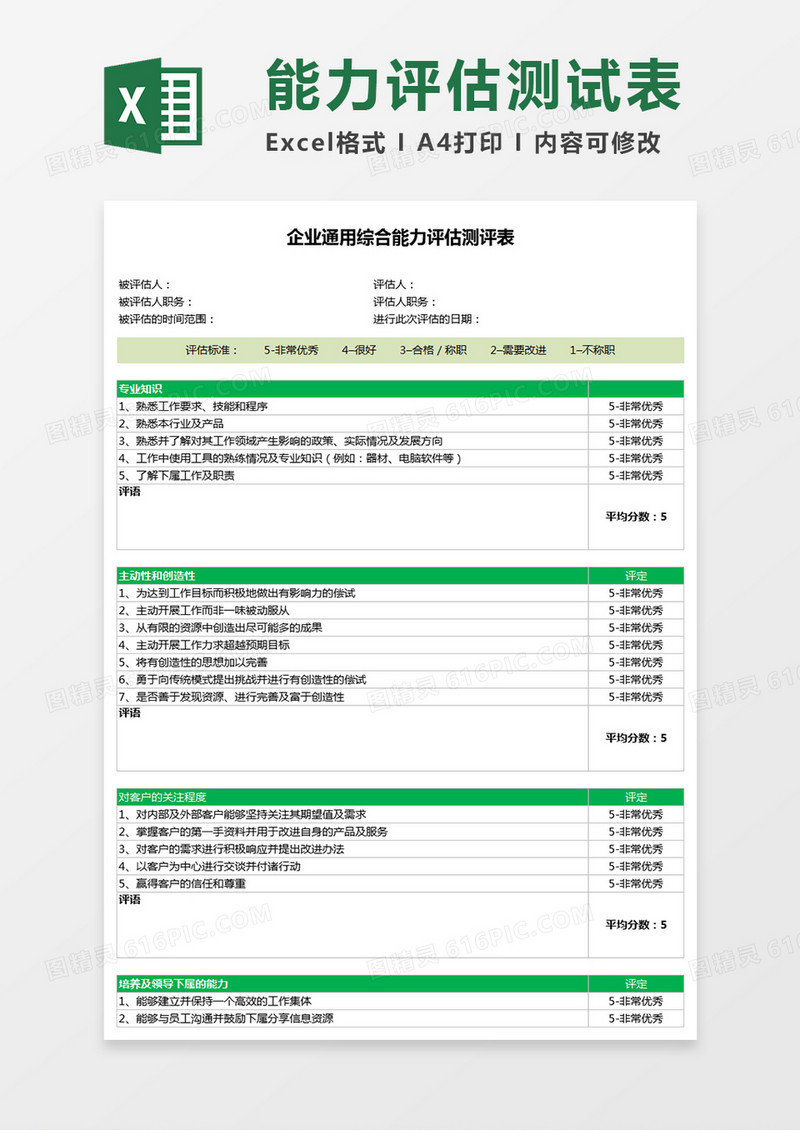 企业通用综合能力评估测评表Execl表格