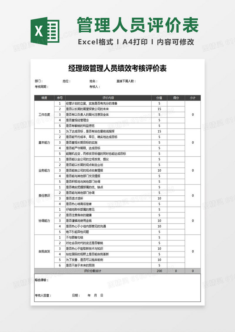 经理级管理人员绩效考核评价表Excel表格