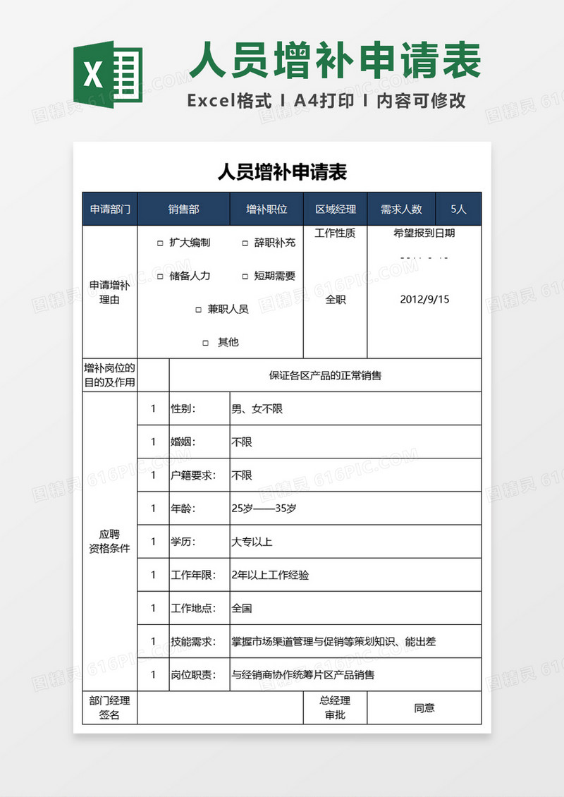 人员增补申请表excel模板