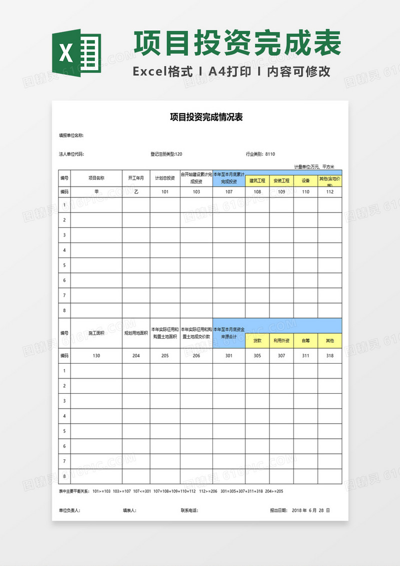 项目投资完成情况表excel模板