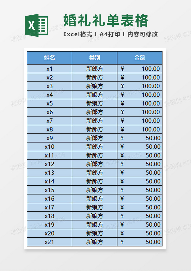 婚礼礼单表格excel模板