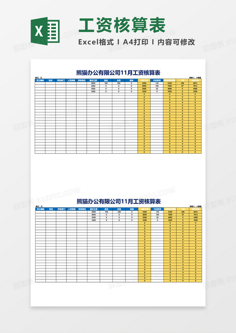 工资核算表工资表excel模板