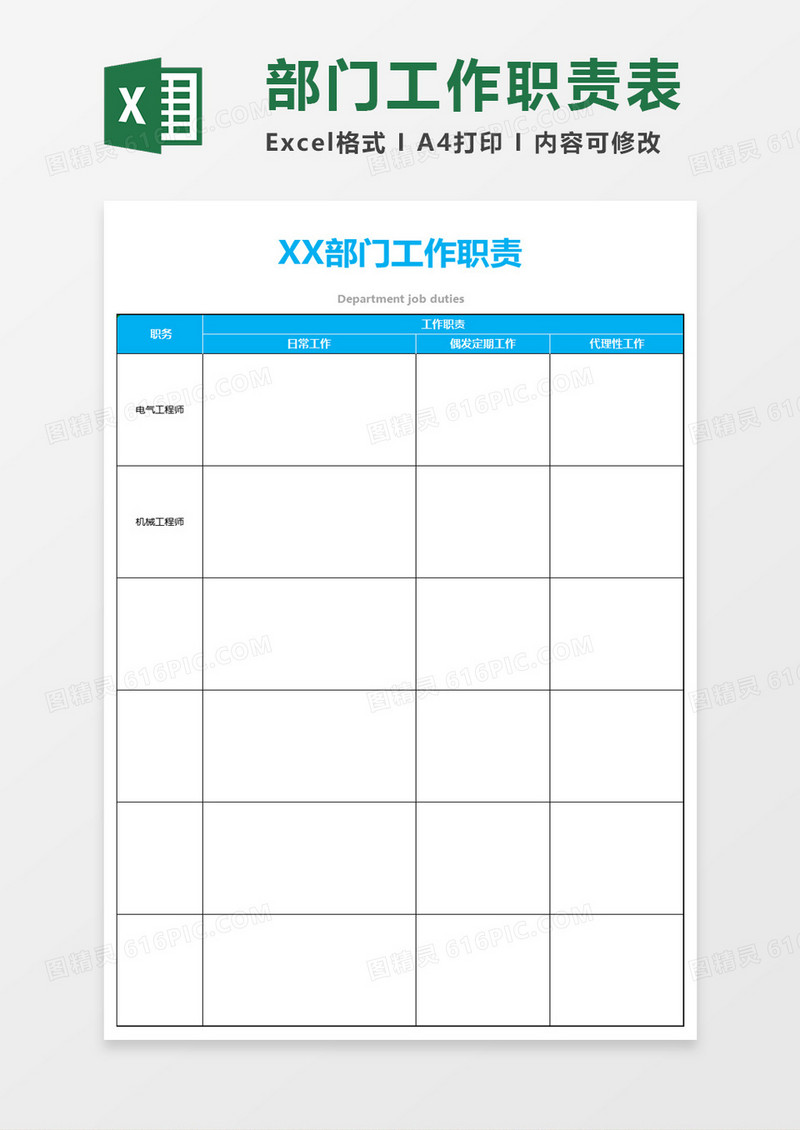 部门工作职责表excel模板
