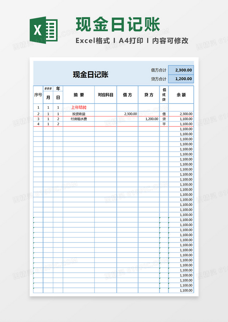 现金日记账Excel表格