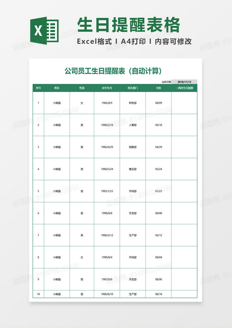 员工生日提醒表