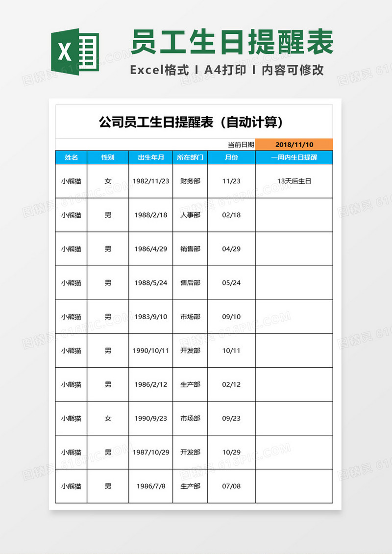员工生日提醒表