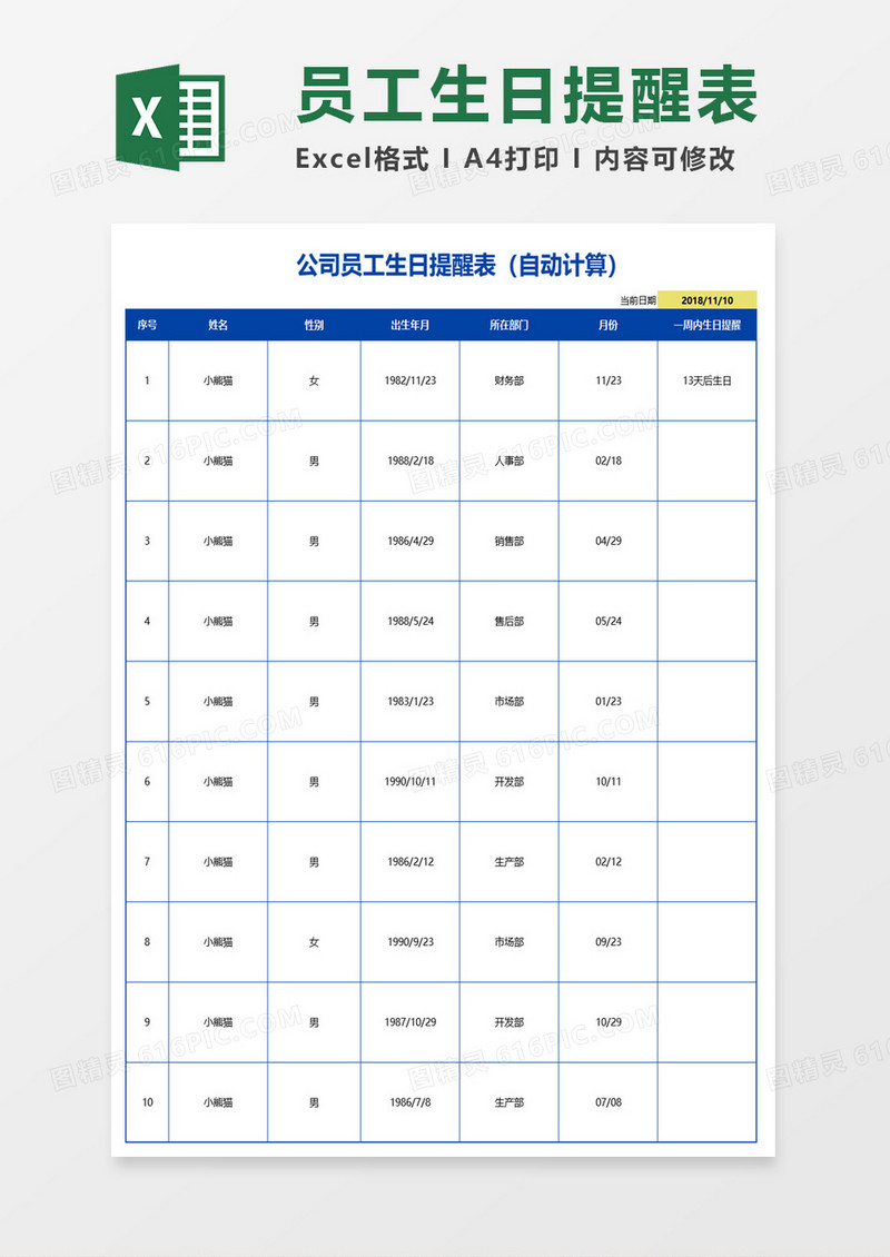 员工生日提醒表