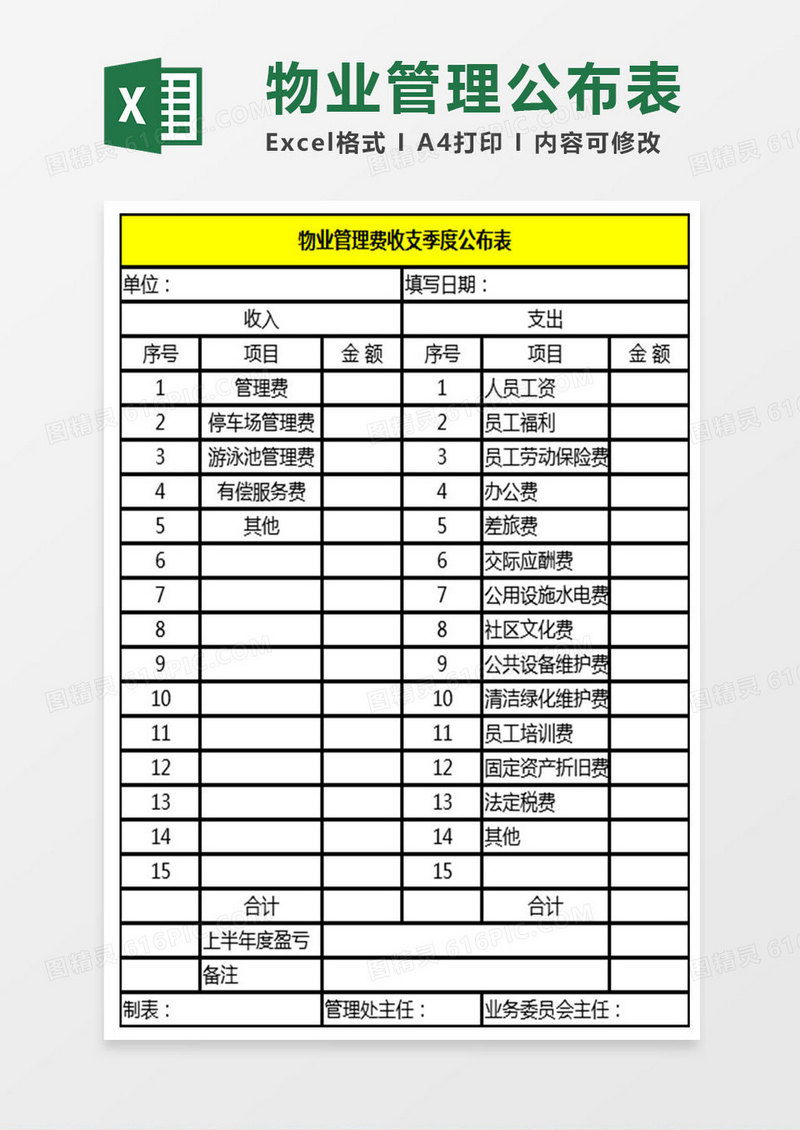 物业管理公布表Excel表格
