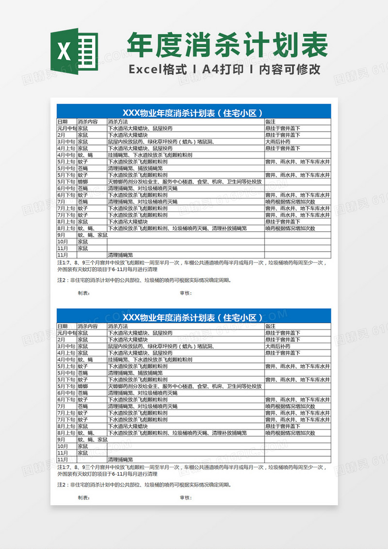 年度消杀计划表Excel表格