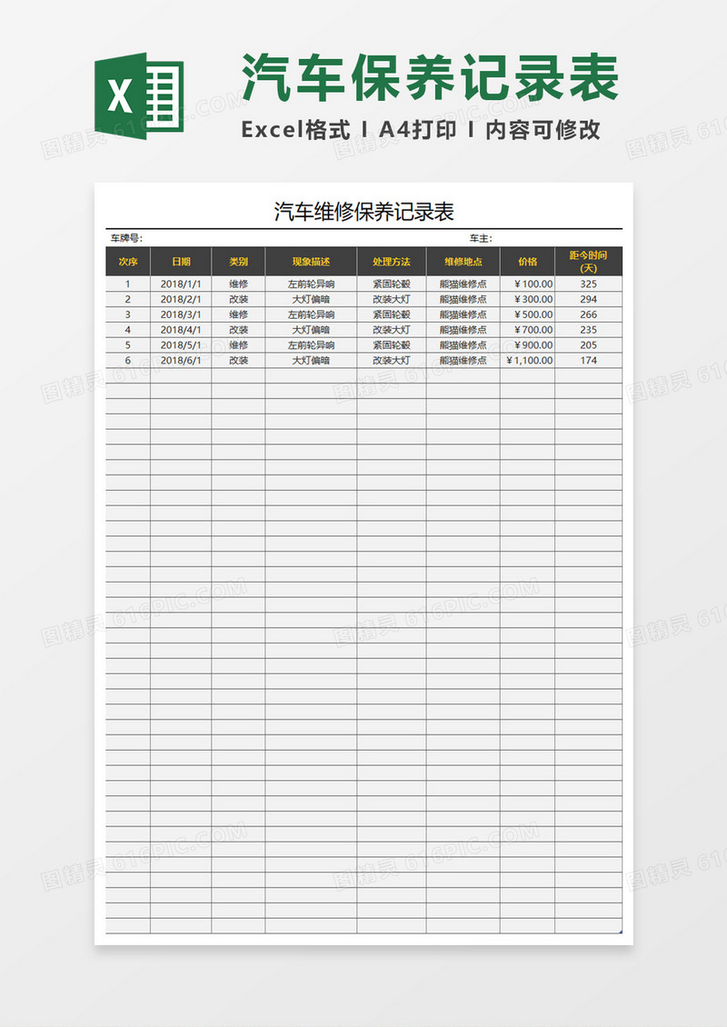 汽车维修保养记录表Excel模板