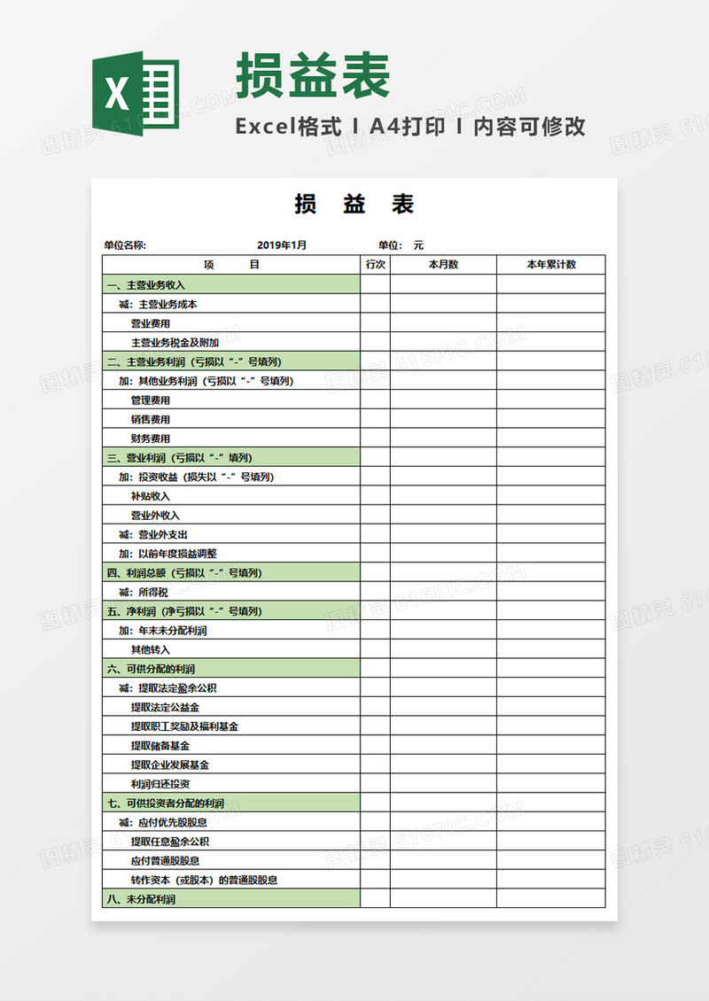 企业损益表Execl素材