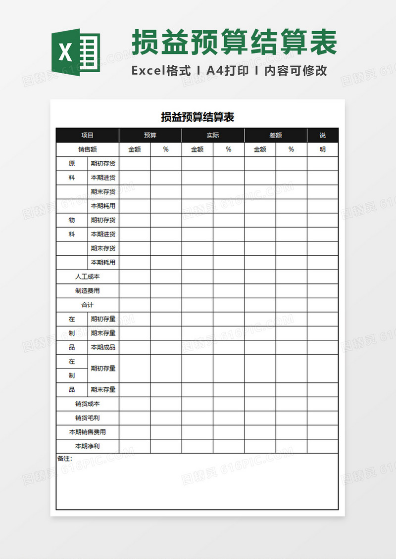 损益预算结算表Execl素材