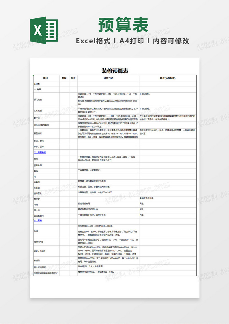 简单边框装修预算表Excel模板