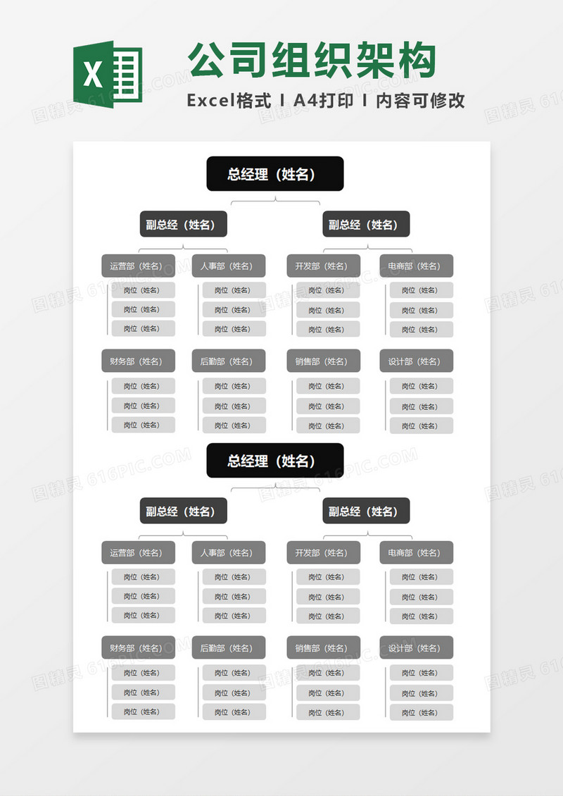 沉稳黑色公司组织架构图Execl素材