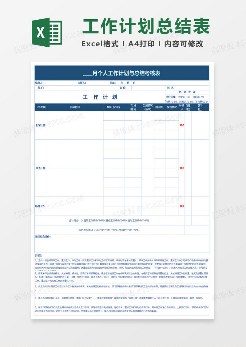 工作计划与总结考核表