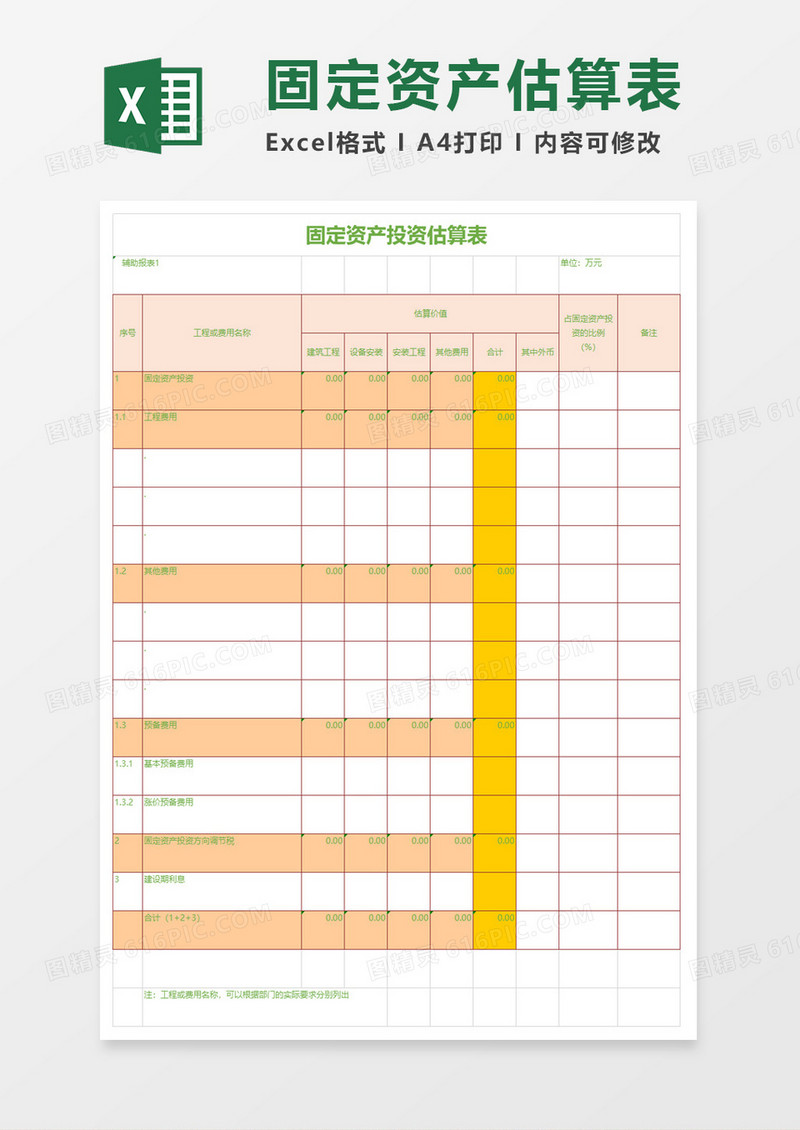 固定资产投资估算表excel模板