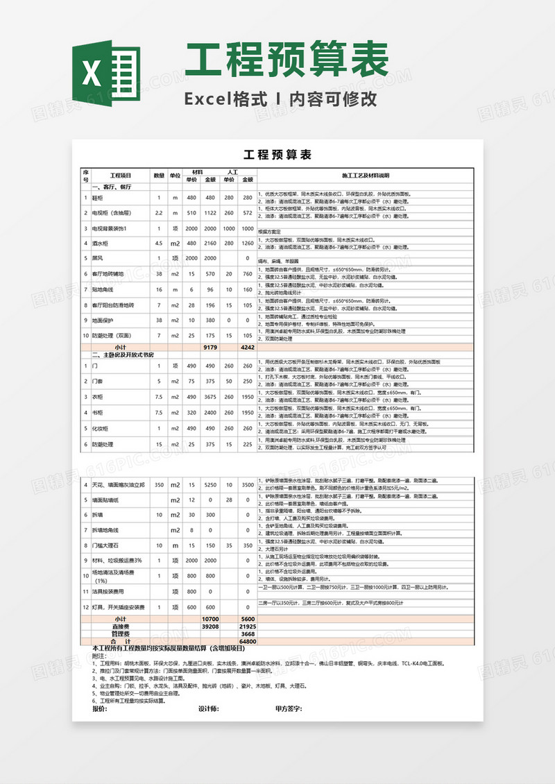 工程预算表Execl模板