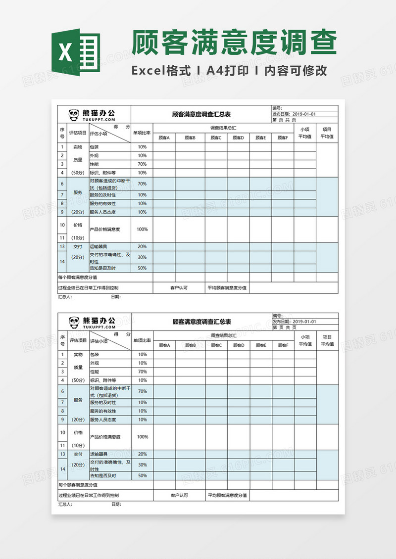 顾客满意度调查汇总表Execl模板