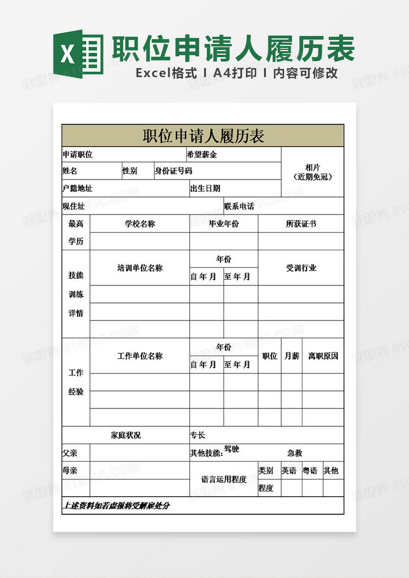 职位申请人履历表excel模板