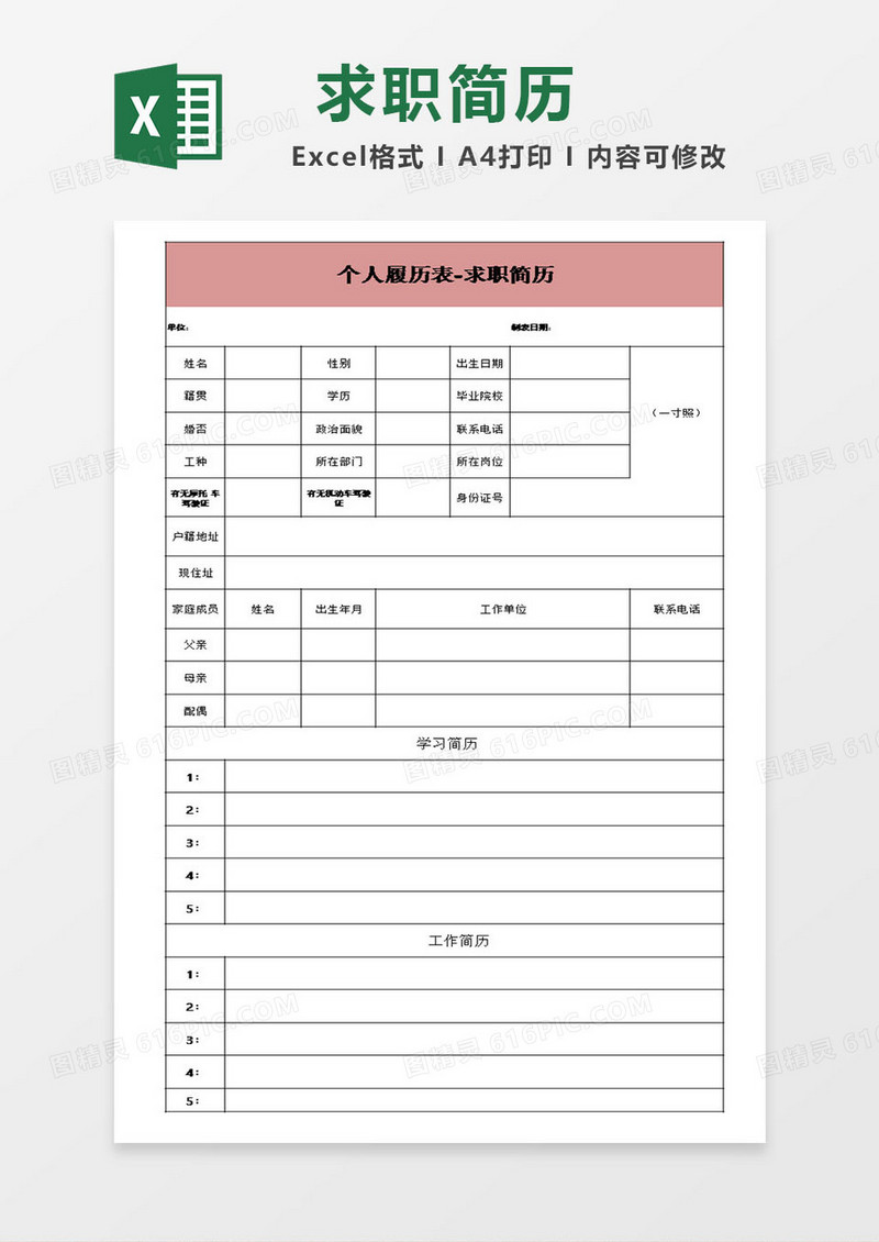 个人履历表求职简历excel模板