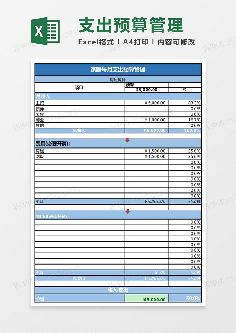 简约家庭每月支出预算管理excel表