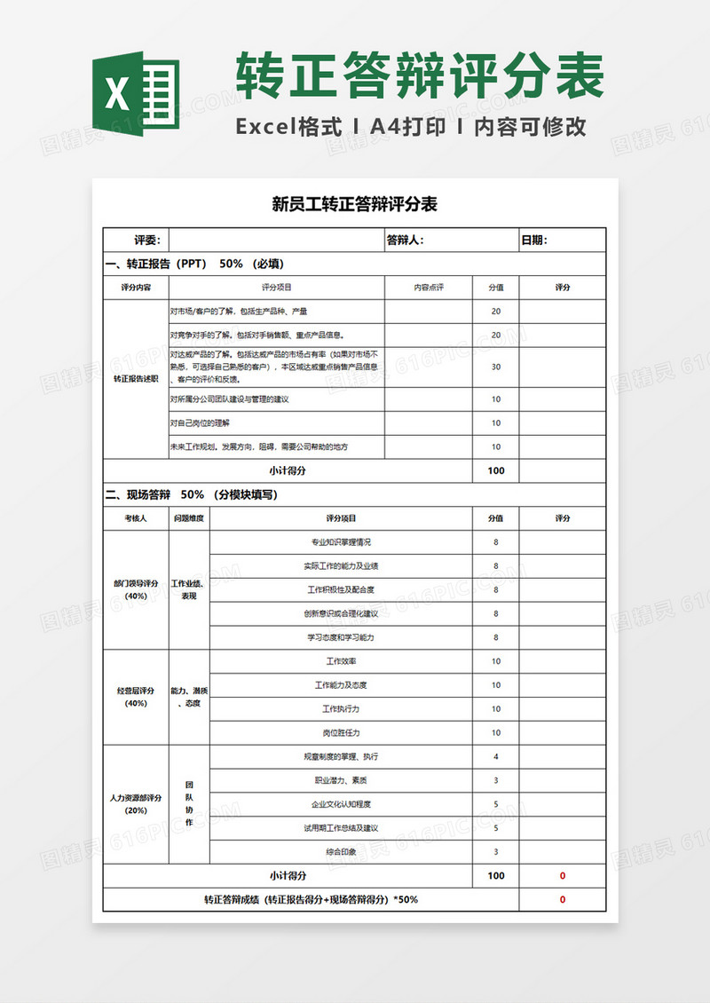 新员工转正答辩评分表Execl模板