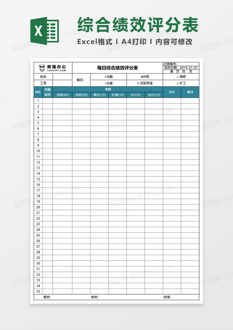 每日综合绩效评分表Execl模板