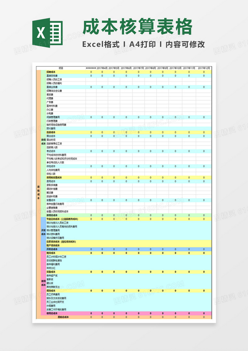 成本核算表格excel模板