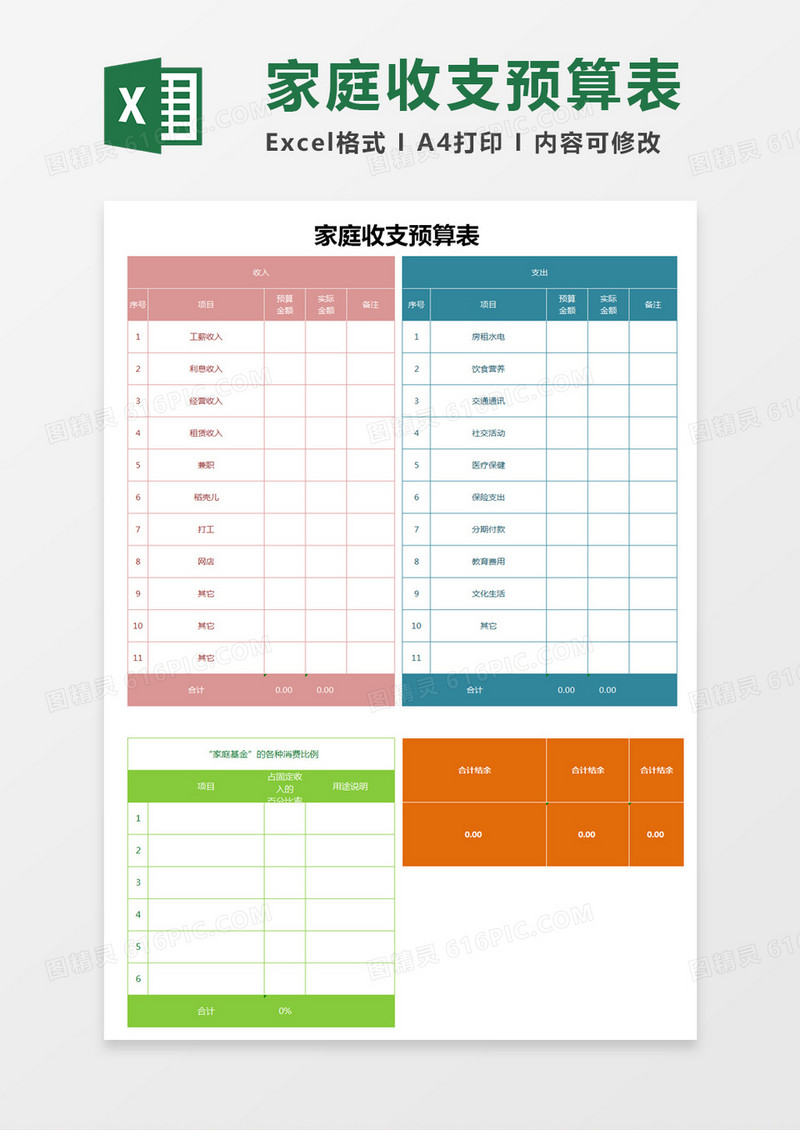 家庭收支预算表excle模板